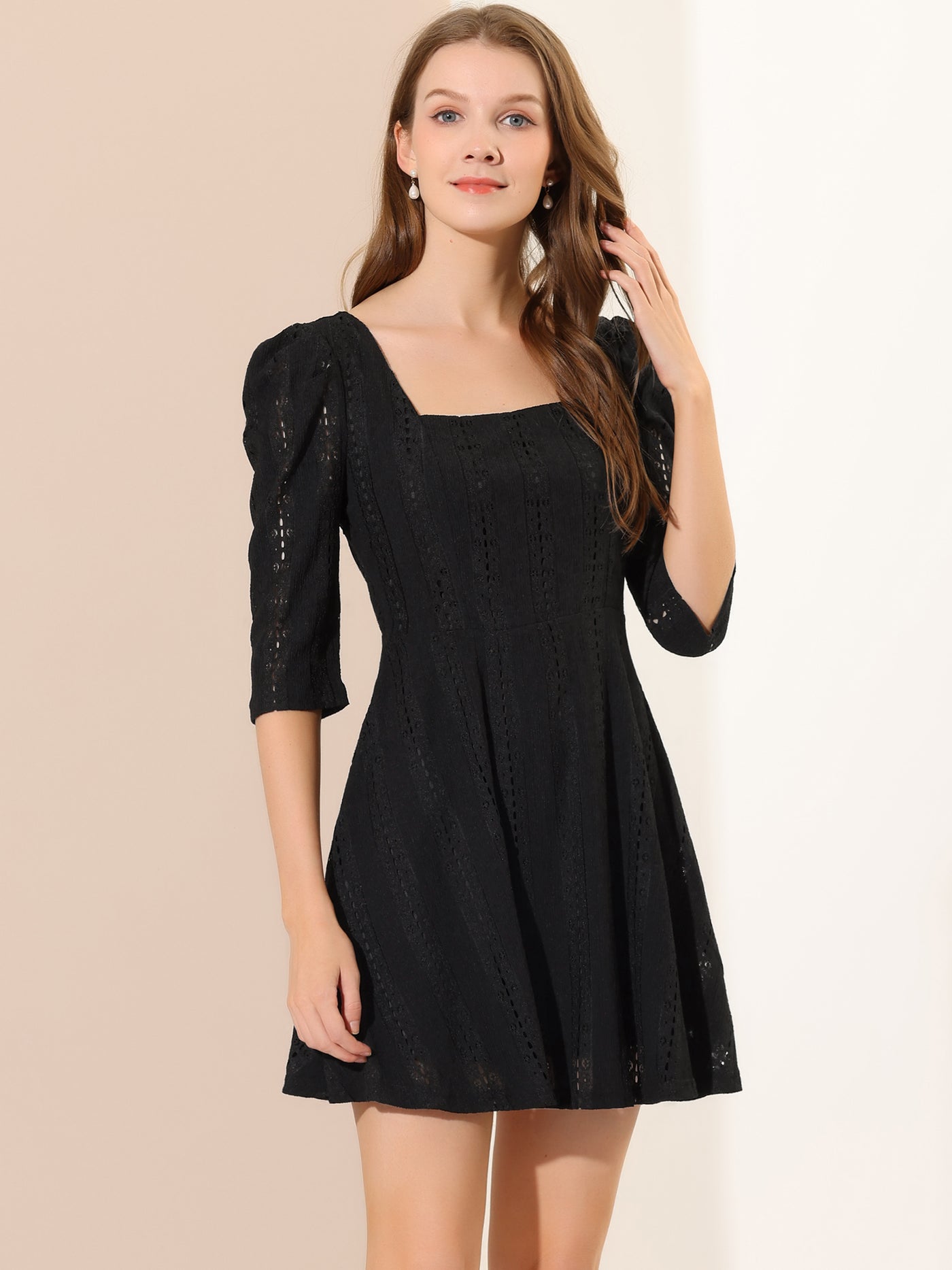 Allegra K Square Neck Puff Sleeve Chic Stretchy Lace Above Knee Dress