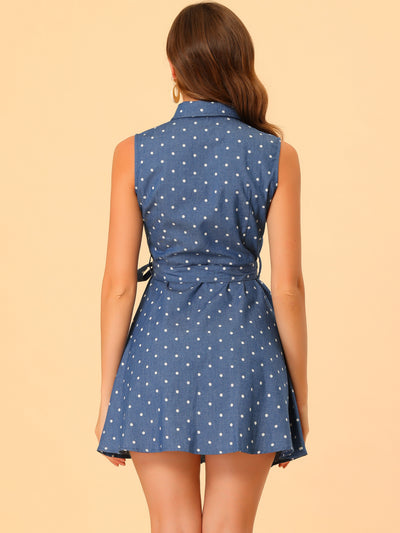 Vintage Polka Dot Tie Waist Sleeveless A-Line Denim Shirt Dress