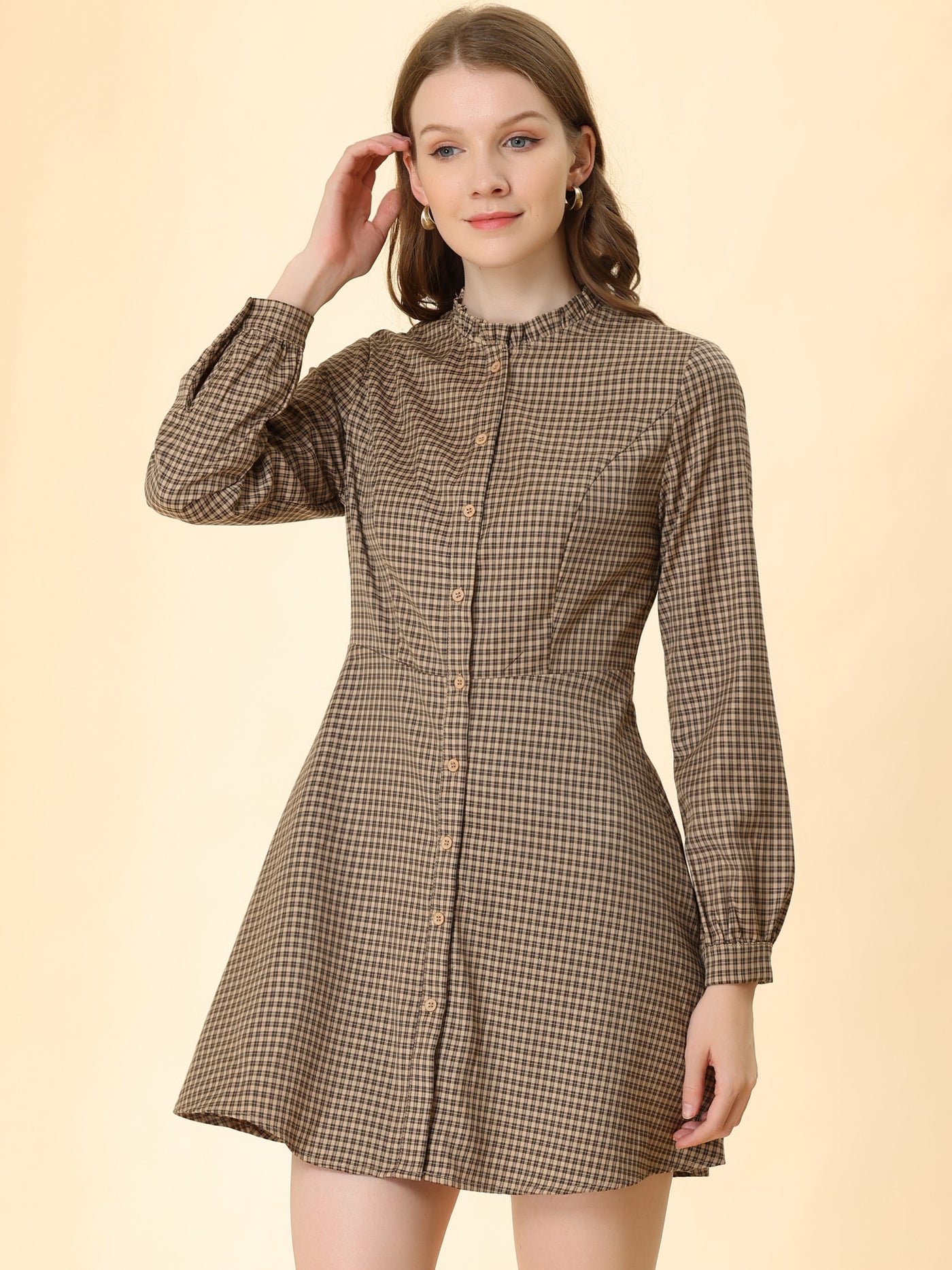 Allegra K Vintage Check Ruffle Neck Button Down Long Sleeve A-Line Dress