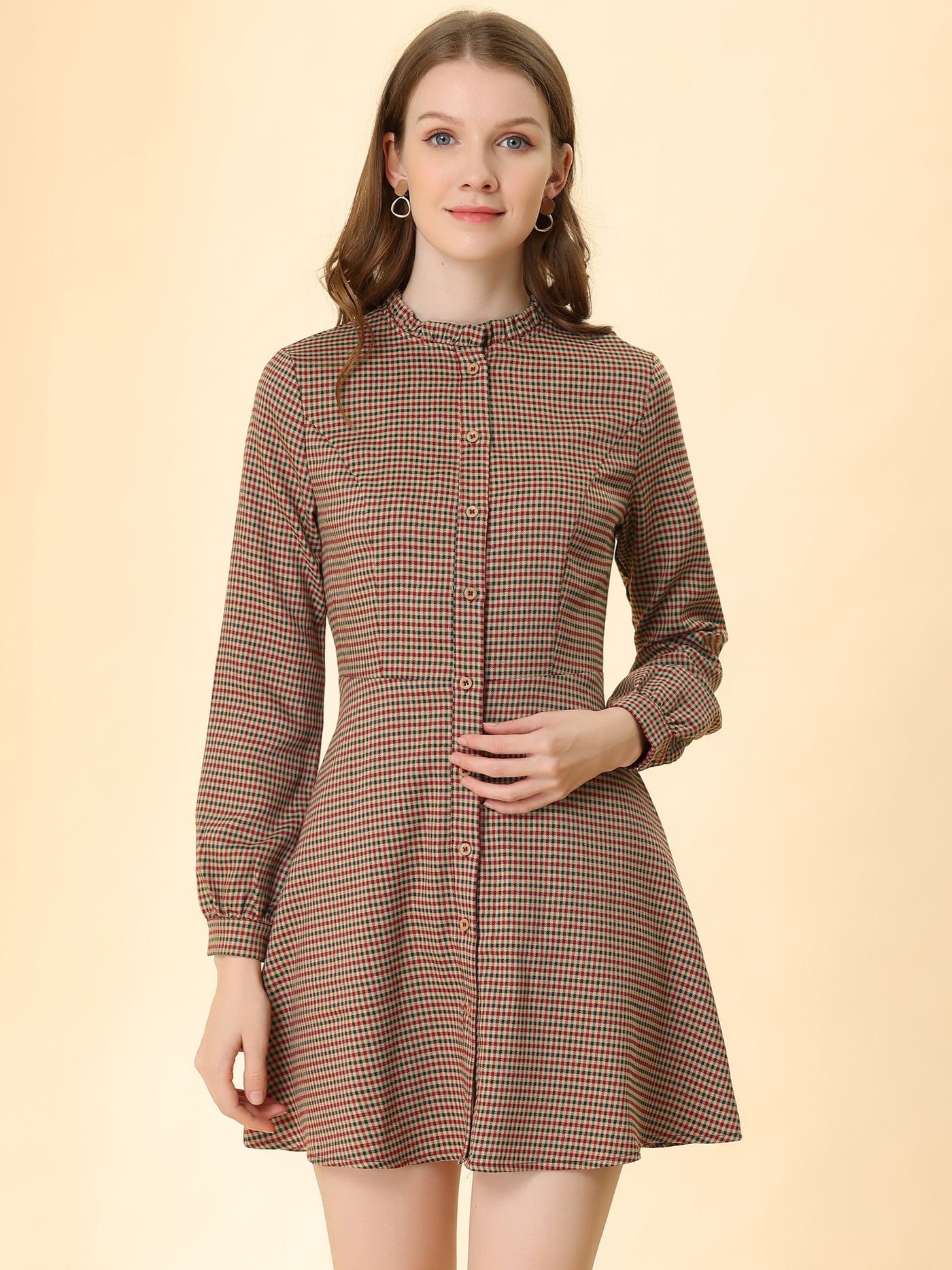 Allegra K Vintage Check Ruffle Neck Button Down Long Sleeve A-Line Dress