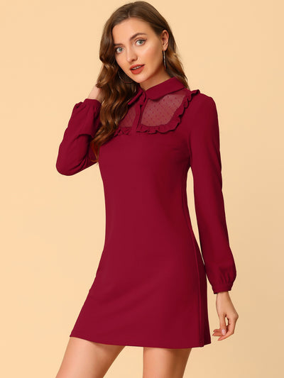 Allegra K Mesh Sheer Panel Peter Pan Collar Dots A-line Mini Dress