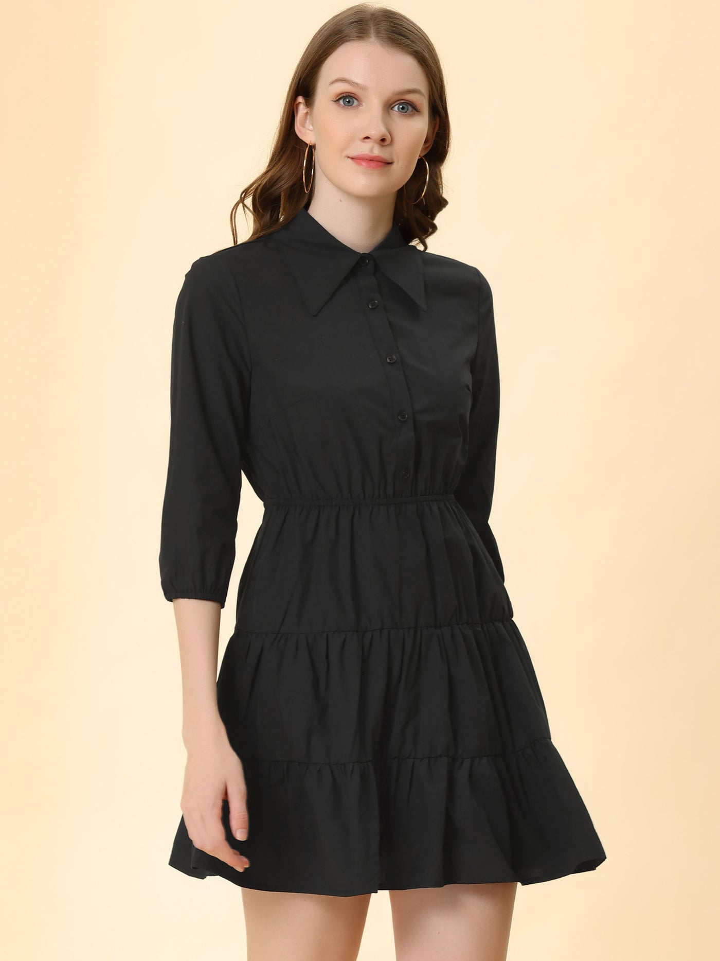 Allegra K 3/4 Sleeve Casual Fall Elastic Waist Cute Collared Tiered Mini Shirt Dress