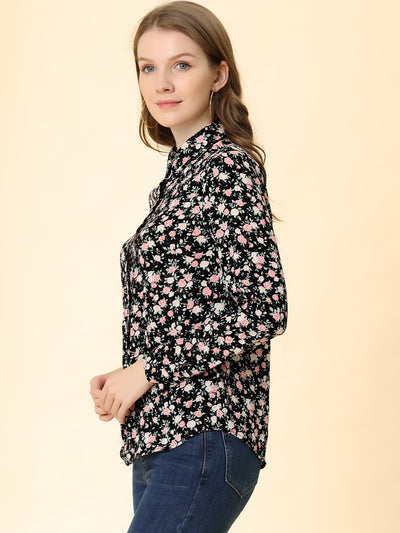 Button Down Floral Shirt Blouse Long Sleeve Point Collar Top