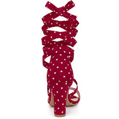 Elegant Polka Dot Strappy Lace Up Chunky Heel Sandals