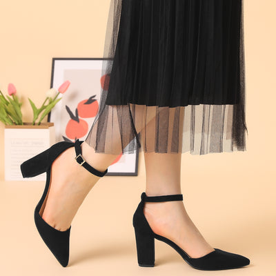 Ankle Strap Pointed Toe Block Heel Pumps