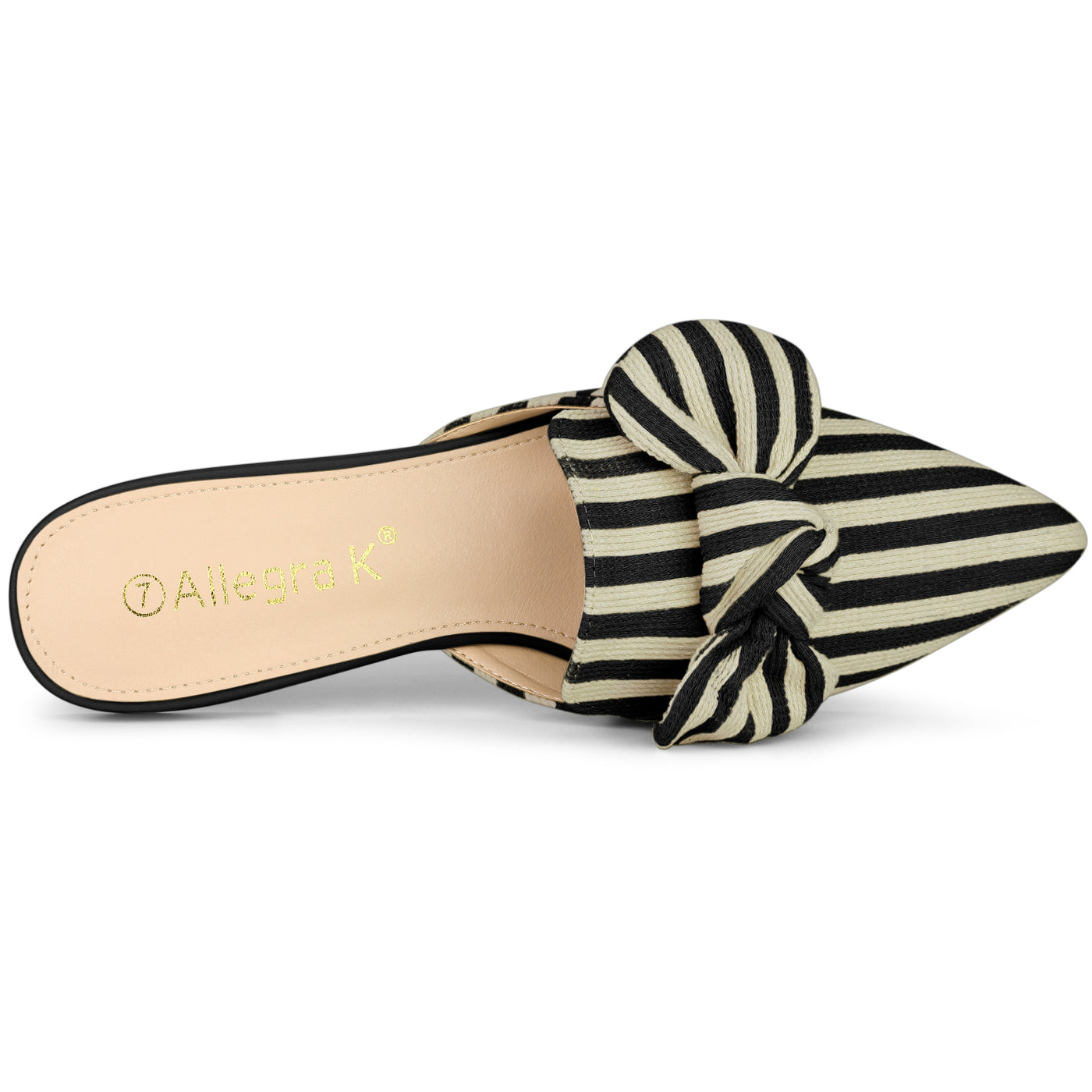 Allegra K Pointed Toe Slip on Flat Stripe Bow Slides Mules