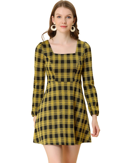Fall Vintage Square Neck Long Sleeve Plaid Dress