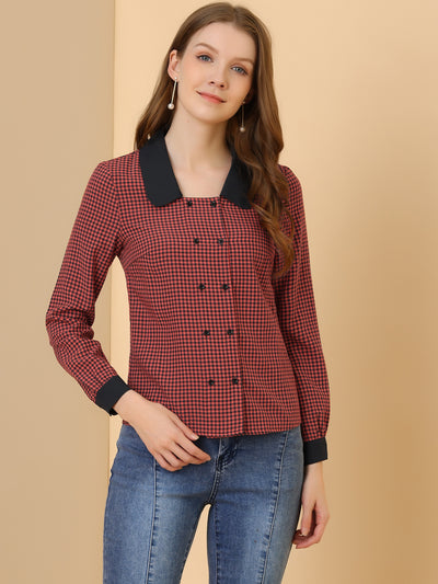 Contrast Peter Pan Collar Gingham Long Sleeve Button Down Blouse