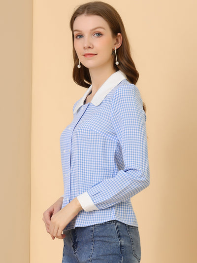 Contrast Peter Pan Collar Gingham Long Sleeve Button Down Blouse
