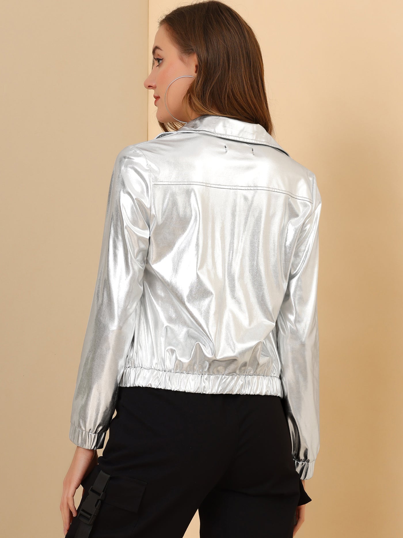 Allegra K Holographic Long Sleeve Lightweight Zipper Metallic Jacket