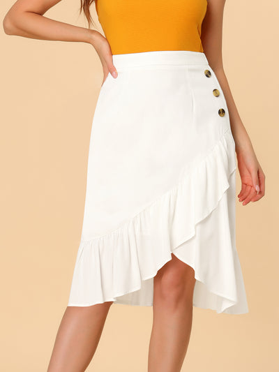 Elegant High Waisted Asymmetrical Split Faxu Wrap Ruffle Skirt