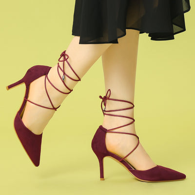 Pointed Toe Dress Pumps Lace Up Stiletto Heel Sandals