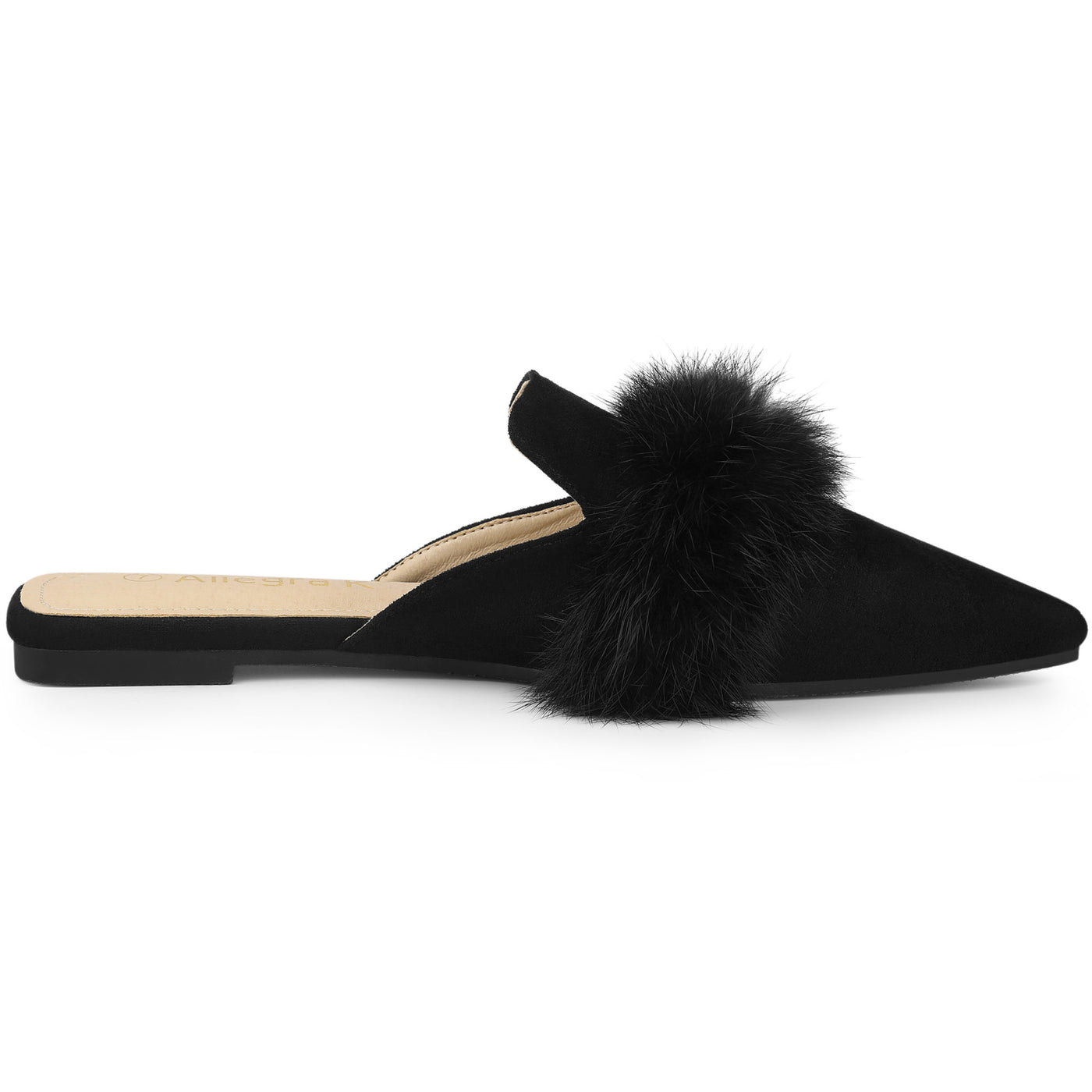 Allegra K Women's Pointed Toe Faux Fur Slip on Flat Slide Mules