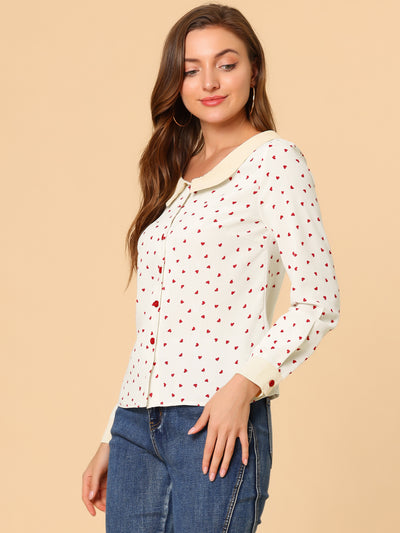 Long Sleeve Tops Heart Print Contras Boat Neck Button Up Shirt
