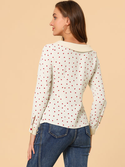 Long Sleeve Tops Heart Print Contras Boat Neck Button Up Shirt