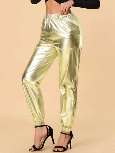 Allegra K Metallic Trousers Shiny Sparkle Elastic Waist Holographic Pants