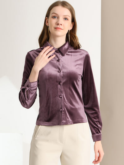 Point Collar Velvet Blouse Long Sleeve Button Up Shirt