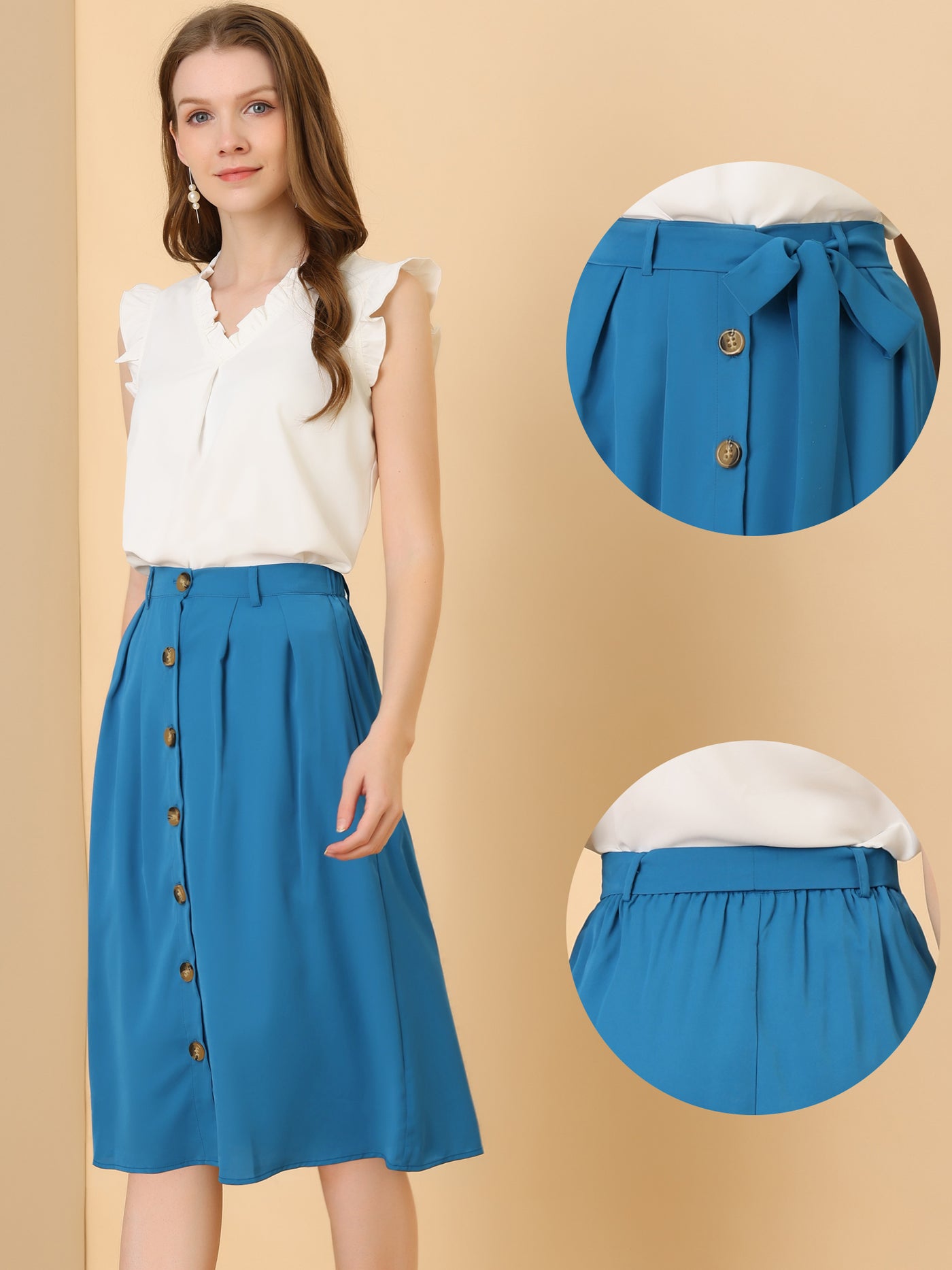 Allegra K Button Front Casual High Waist Belted Midi Flare Skirt
