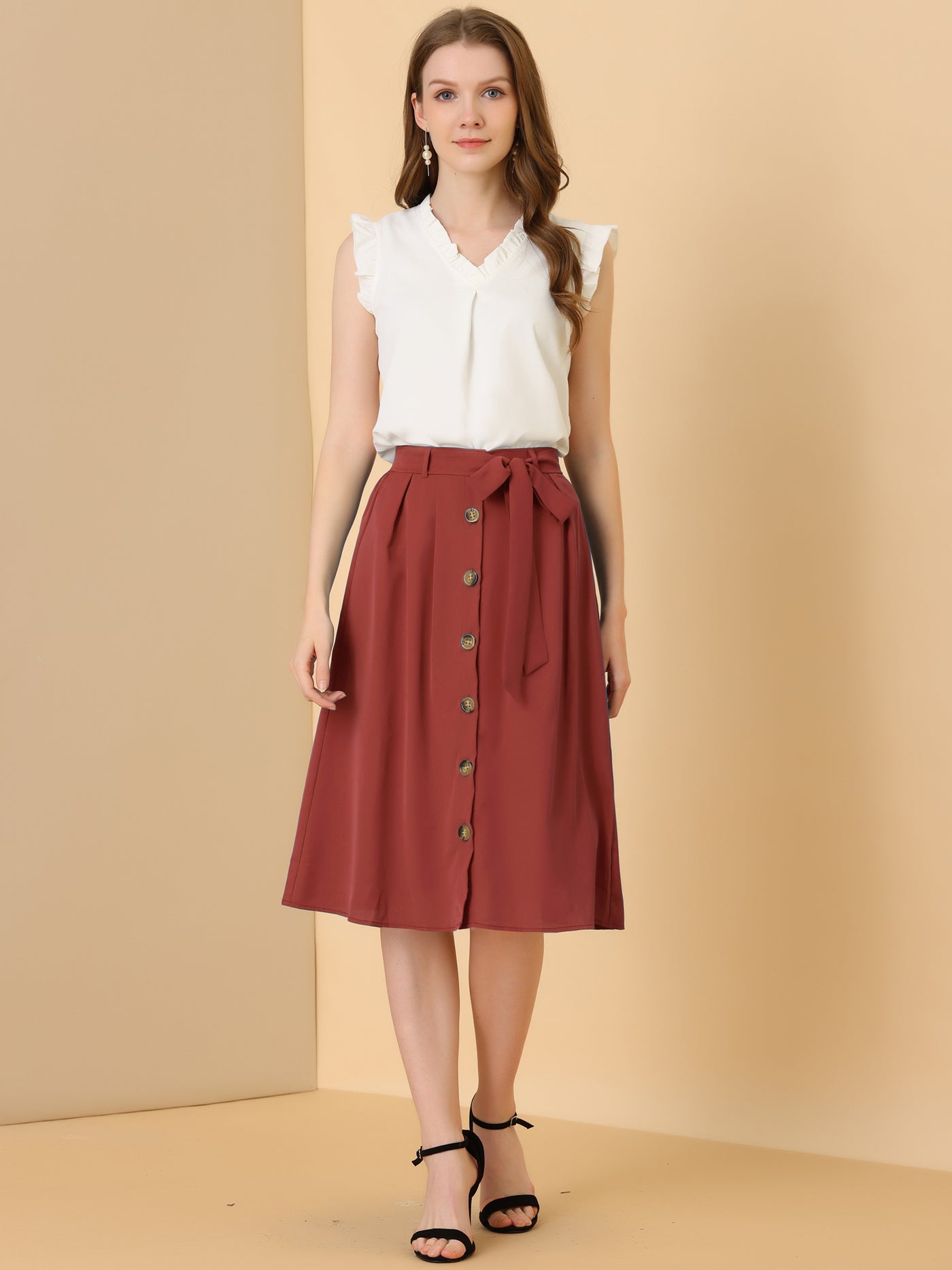 Allegra K Button Front Casual High Waist Belted Midi Flare Skirt