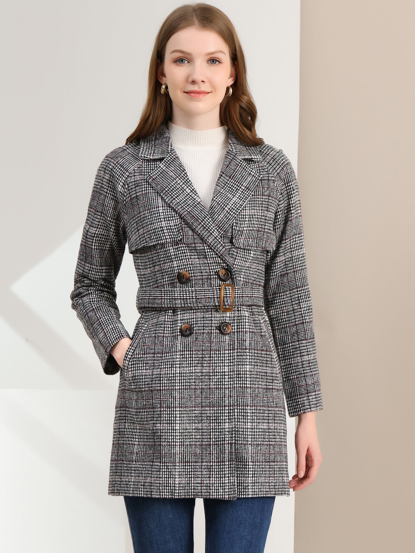 Allegra K Tweed Plaid Notch Lapel Double Breasted Belted Coat with Pockets