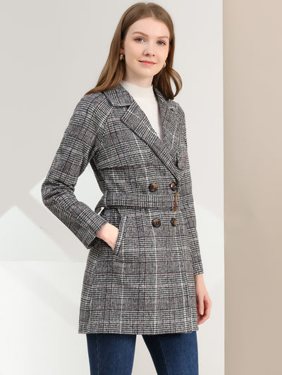 Tweed Plaid Notch Lapel Double Breasted Belted Coat with Pockets