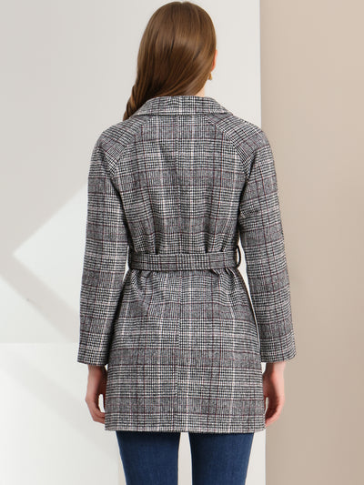 Tweed Plaid Notch Lapel Double Breasted Belted Coat with Pockets