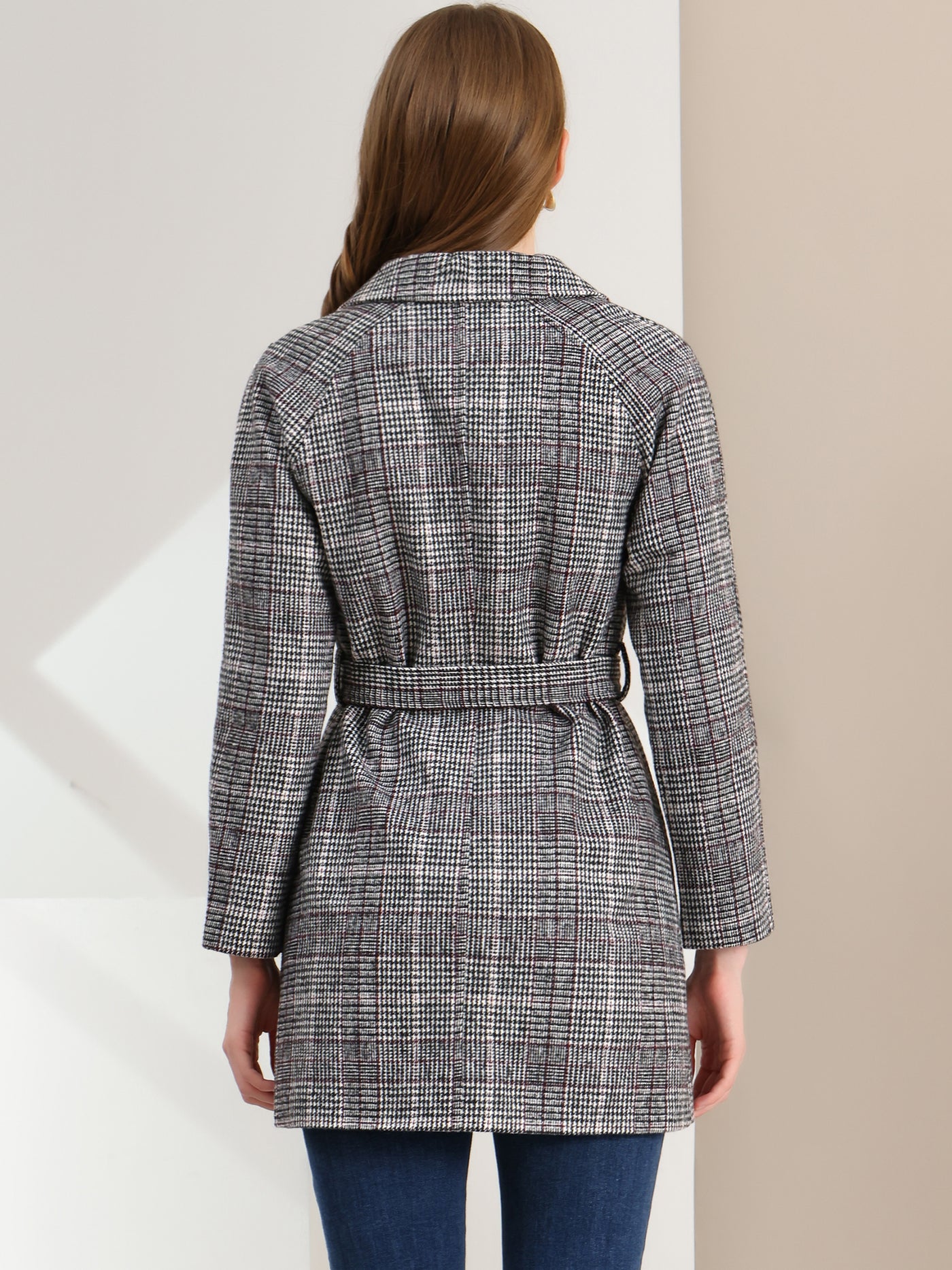Allegra K Tweed Plaid Notch Lapel Double Breasted Belted Coat with Pockets