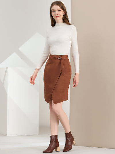 A-Line Knee Length Front Slit Wrap Faux Suede Skirt