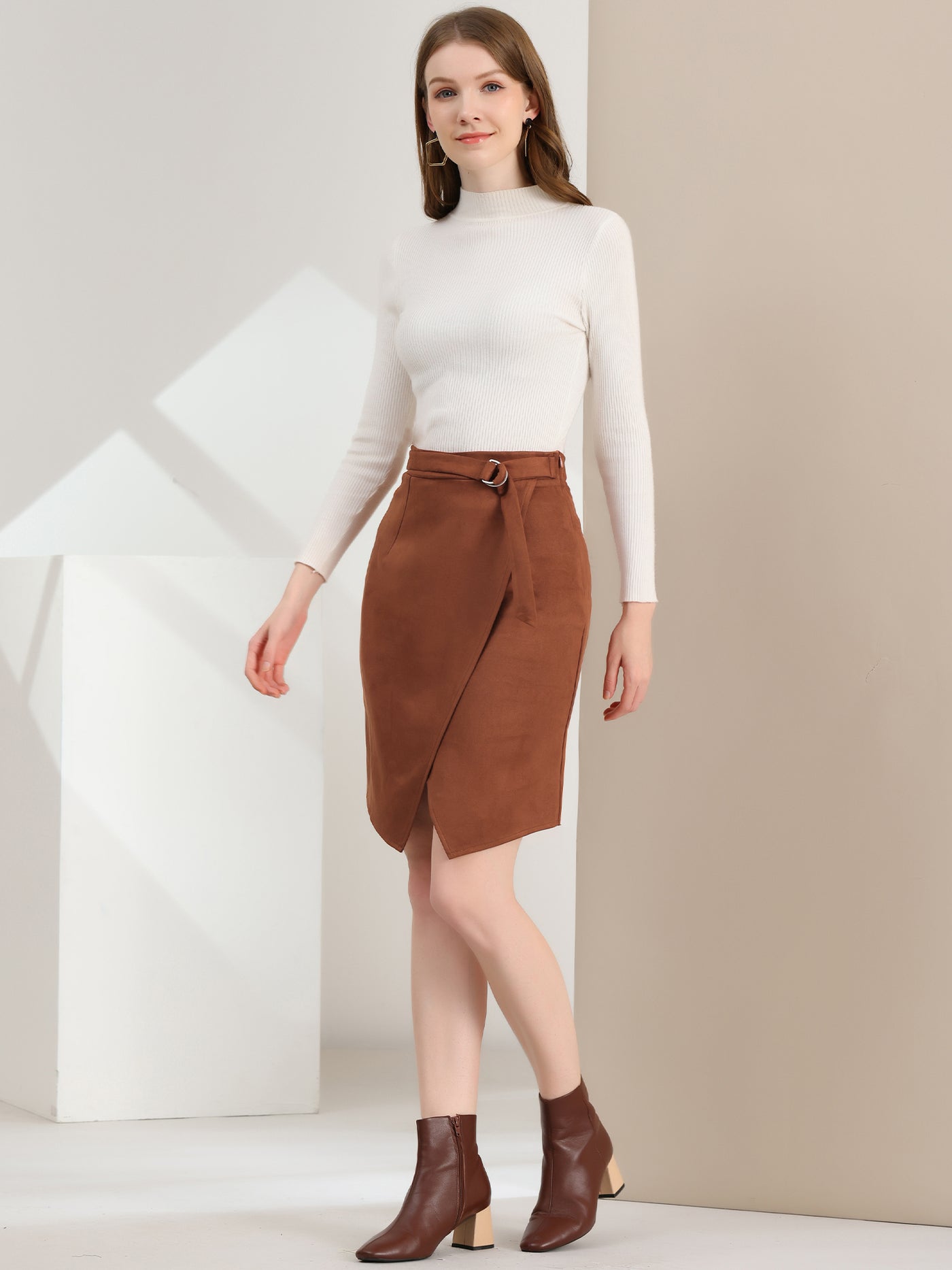Allegra K A-Line Knee Length Front Slit Wrap Faux Suede Skirt