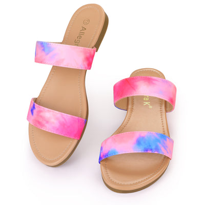 Allegra K Tie Dye Open Toe Slides Slippers Slip On Flats Sandals