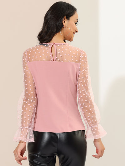 Lace Round Neck Heart Dots Sheer Blouse Long Mesh Sleeve Top