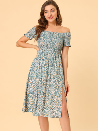 Allegra K Off Shoulder Smocked Summer Short Sleeve Split Midi Floral Dress