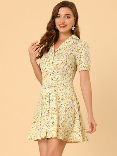 Button Up Short Sleeve A-Line Chiffon Vintage Floral Shirt Dress