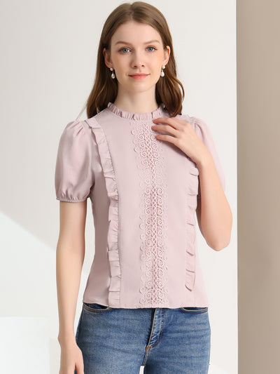 Ruffle Frilled Crochet Lace Panel Mock Neck Short Sleeve Shirt Blouse