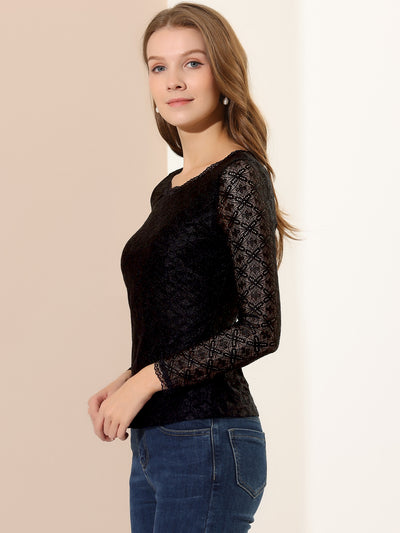 Crew Neck Sheer Long Sleeve Flower Embroidery Lace Blouse