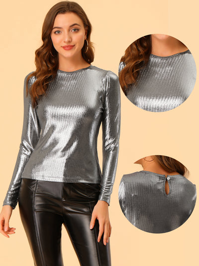 Long Sleeve Sparkly Party Glitter Shiny Metallic Shirt
