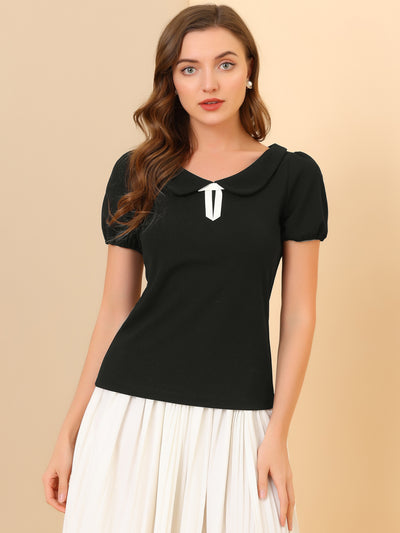 Bow Neck Solid Short Sleeve Peter Pan Collar Blouse
