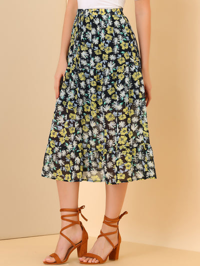 Tiered A-line Flare Swing Elastic Waist Ruffle Floral Skirt