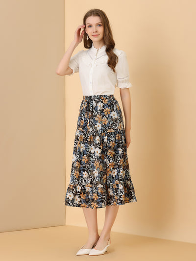 Tiered A-line Flare Swing Elastic Waist Ruffle Floral Skirt