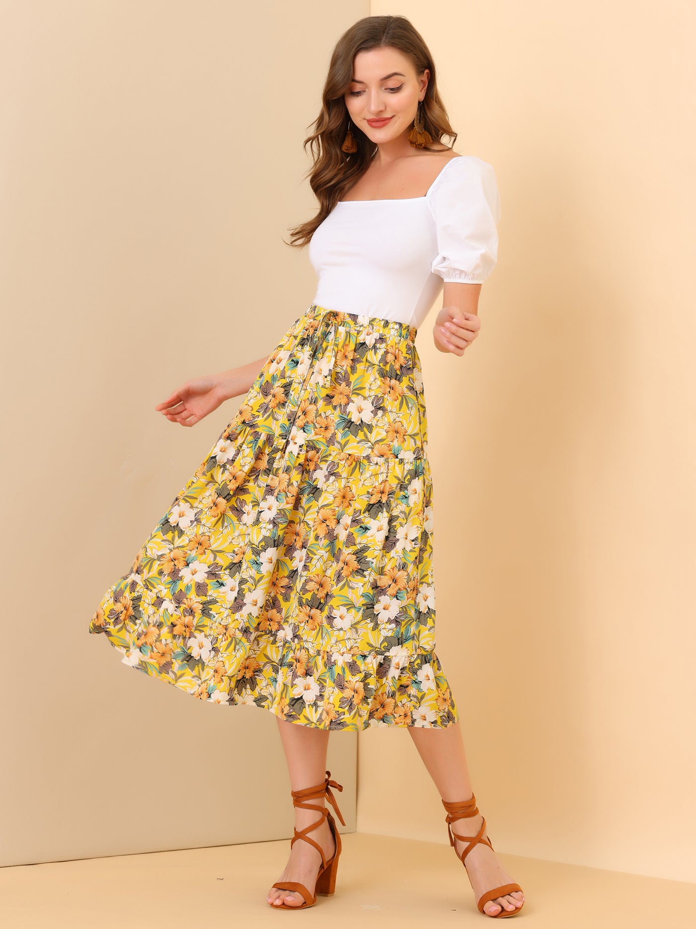 Allegra K Tiered A-line Flare Swing Elastic Waist Ruffle Floral Skirt