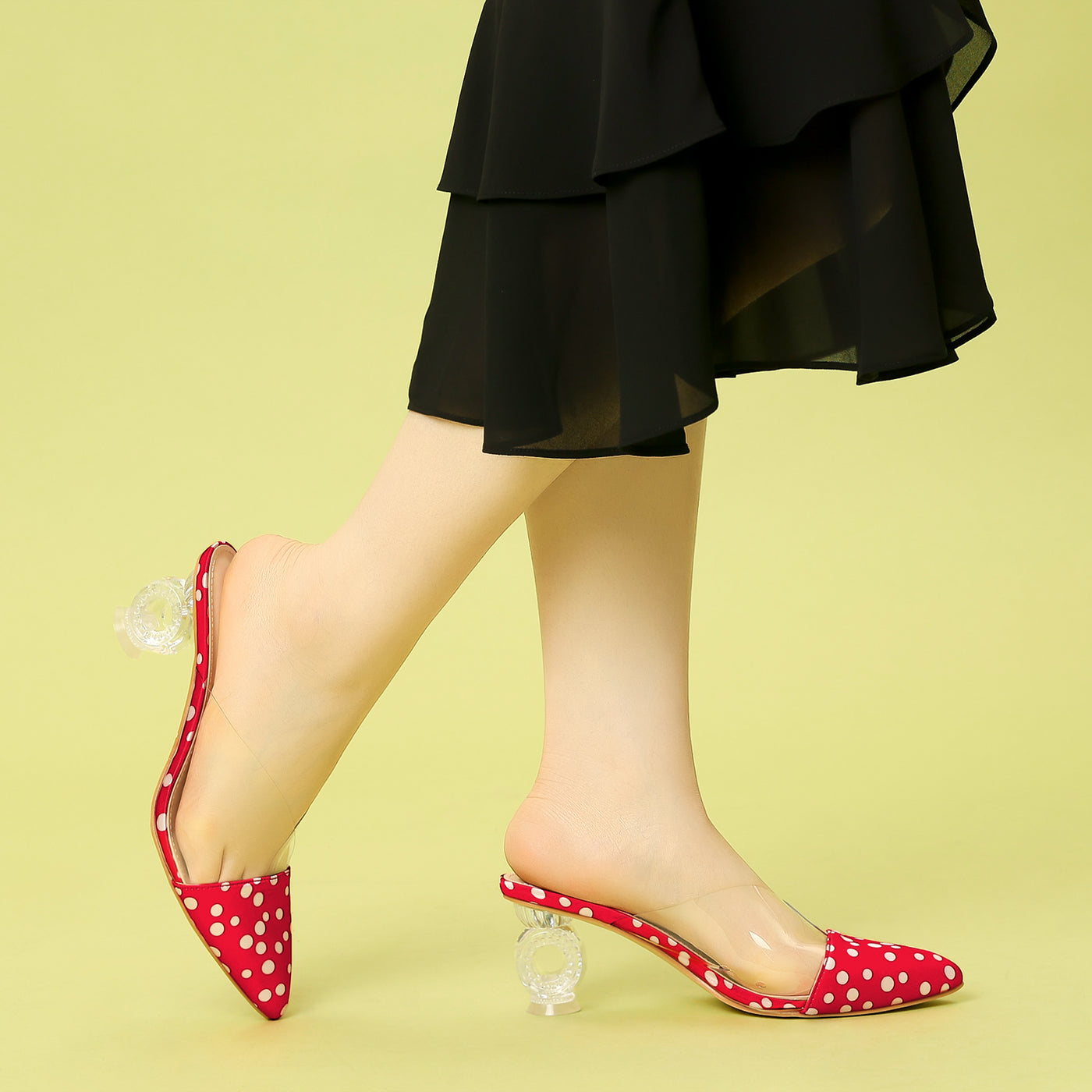 Allegra K Women's Polka Dots Clear Chunky Heels Slides Mules