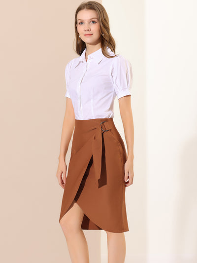 Faux Wrap Tie Front Knee Length Solid Color Work Office Skirt