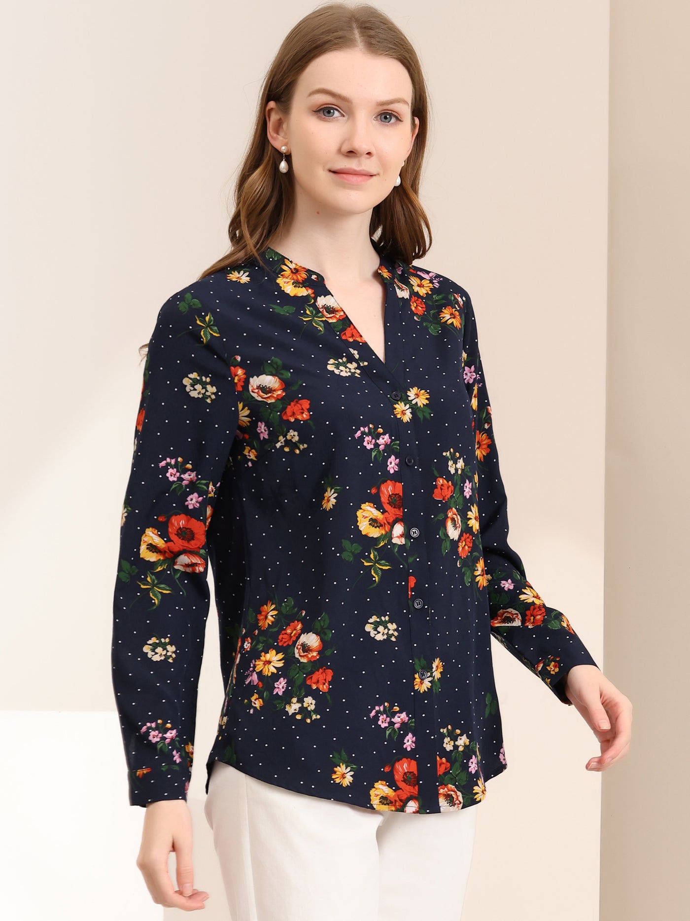 Allegra K Chiffon Floral Tops V Neck Long Sleeve Button-Up Blouse Shirt