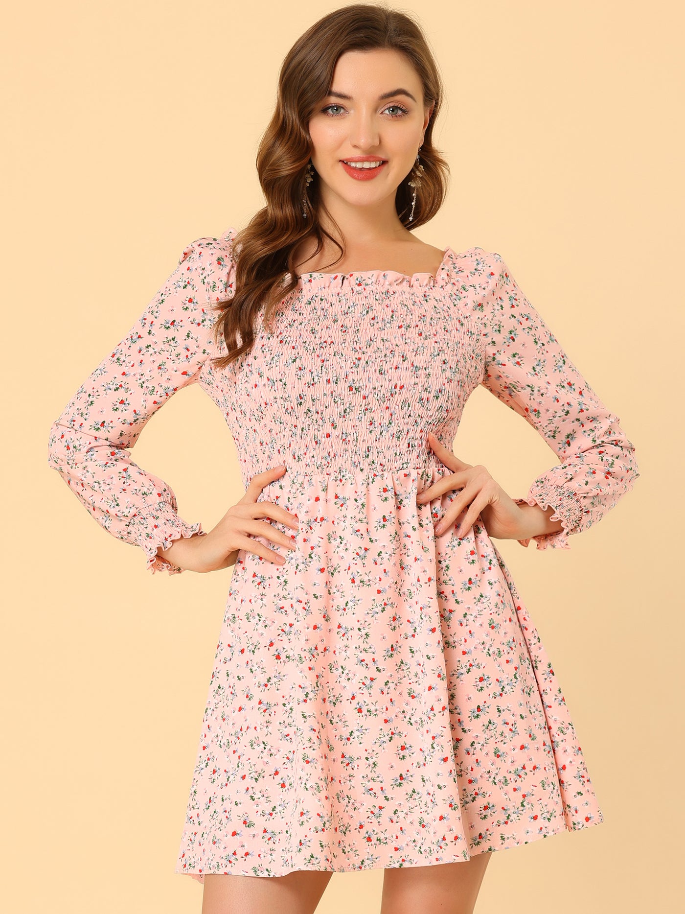Allegra K Mini Smocked Square Neck Long Sleeve Floral Print Dress