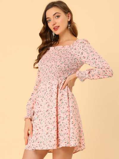 Mini Smocked Square Neck Long Sleeve Floral Print Dress