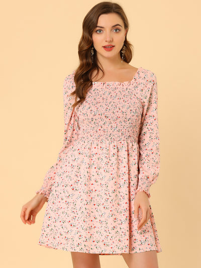 Mini Smocked Square Neck Long Sleeve Floral Print Dress