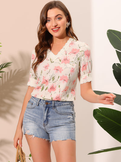 Floral Blouse Lace Trim V Neck Summer Shirt Top