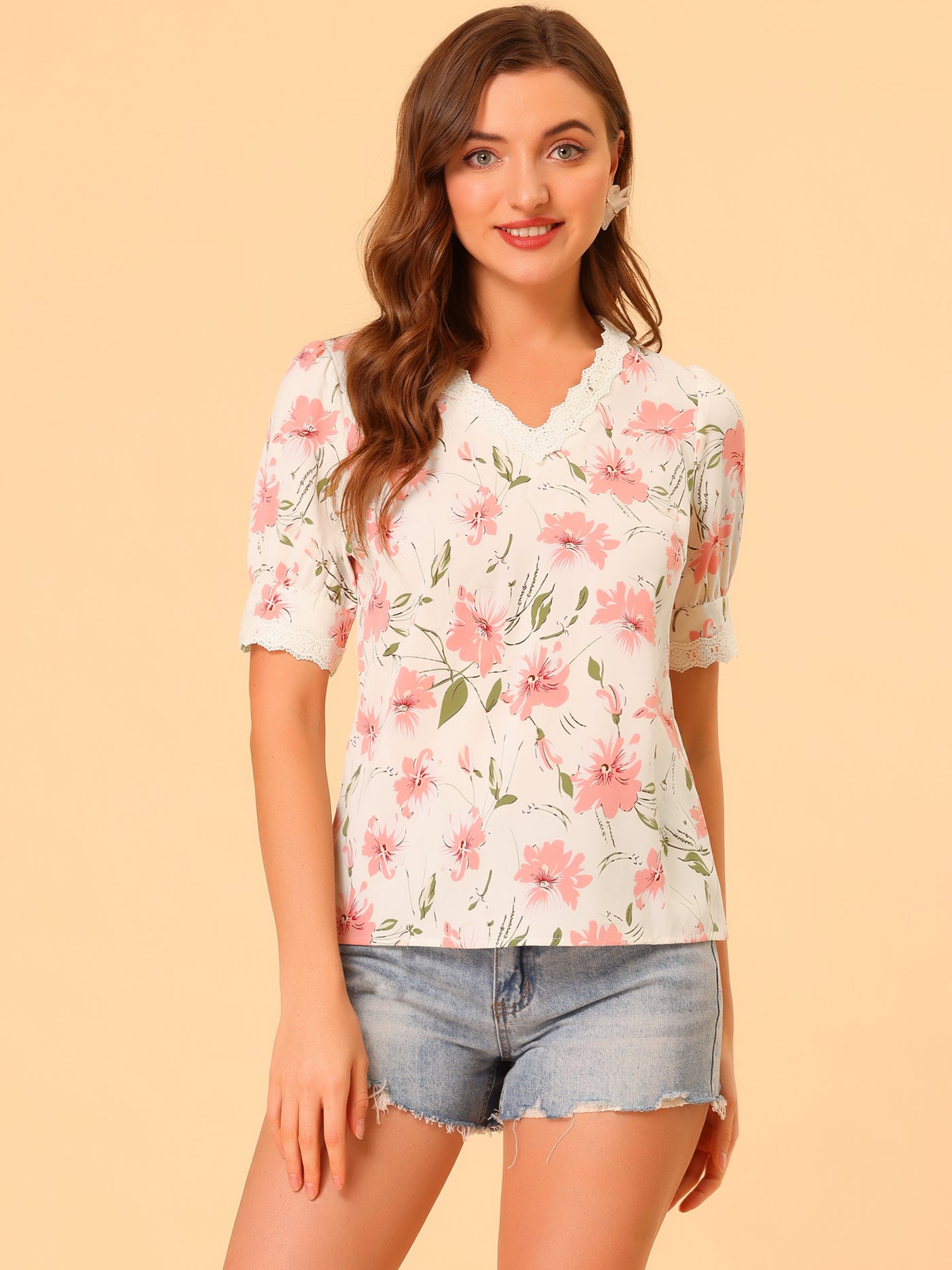 Allegra K Floral Blouse Lace Trim V Neck Summer Shirt Top