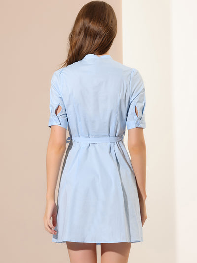 Belted Half Placket Short Sleeve Summer A-Line Dress