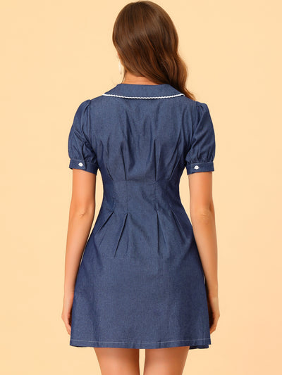Chambray Puff Short Sleeve Flared Button Front Shirt Dress